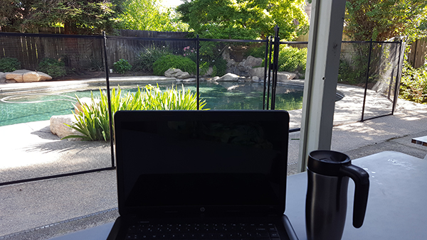Computer and view of the pool in backyard
