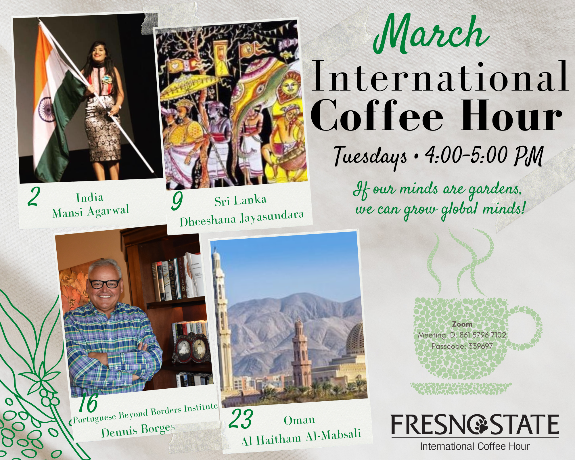 International Coffee Hour schedule for March. Event meets 4 to 5 p.m. Tuesdays.