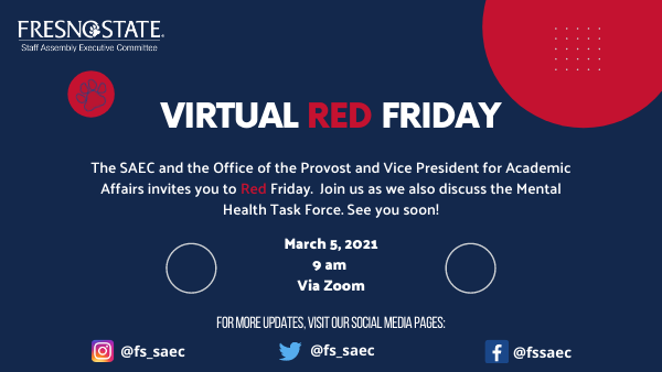 Graphic with details of Virtual Red Friday hosted by the Office of the Provost and Vice President for Academic Affairs at 9 a.m. March 5 via Zoom.