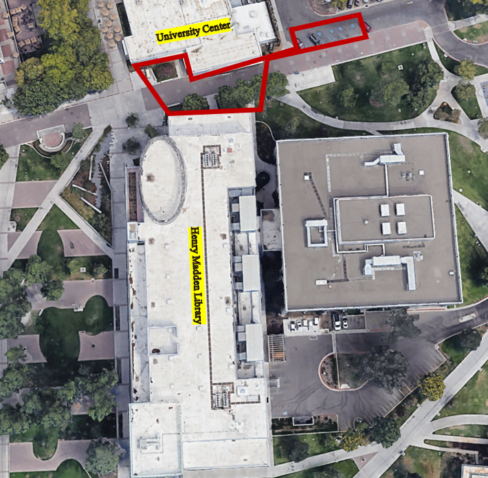 Map of the east side of the Henry Madden Library which will be barricaded Monday, March 22 to Friday, April 30 for a sewer replacement project.