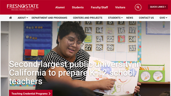 Image of the new Kremen School website homepage. Second-largest public university in California to prepare K-12 school teachers