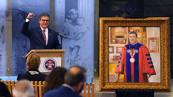 Chancellor Joseph I. Castro at the unveiling of his presidential portrait in the Table Mountain Rancheria Reading Room.