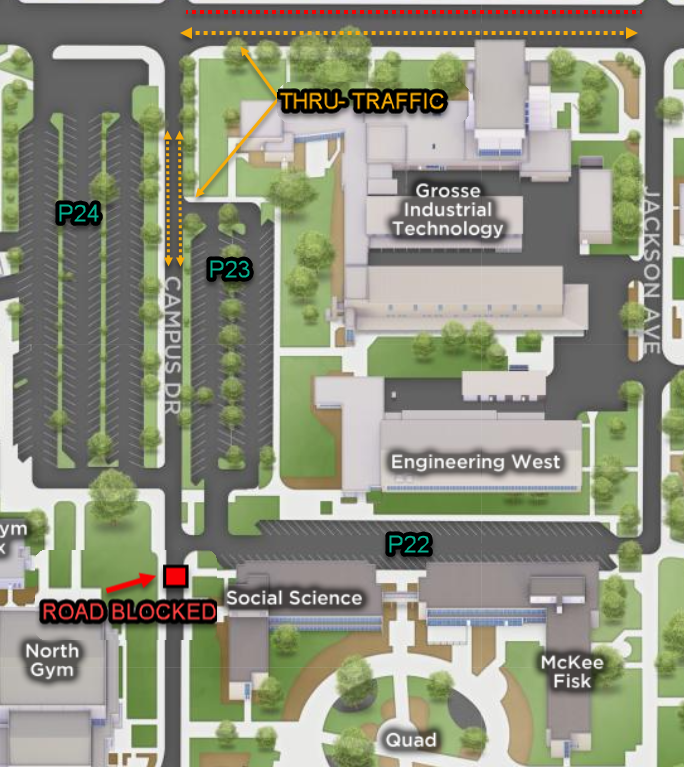Map of Campus Drive between the Social Science building and North Gym.