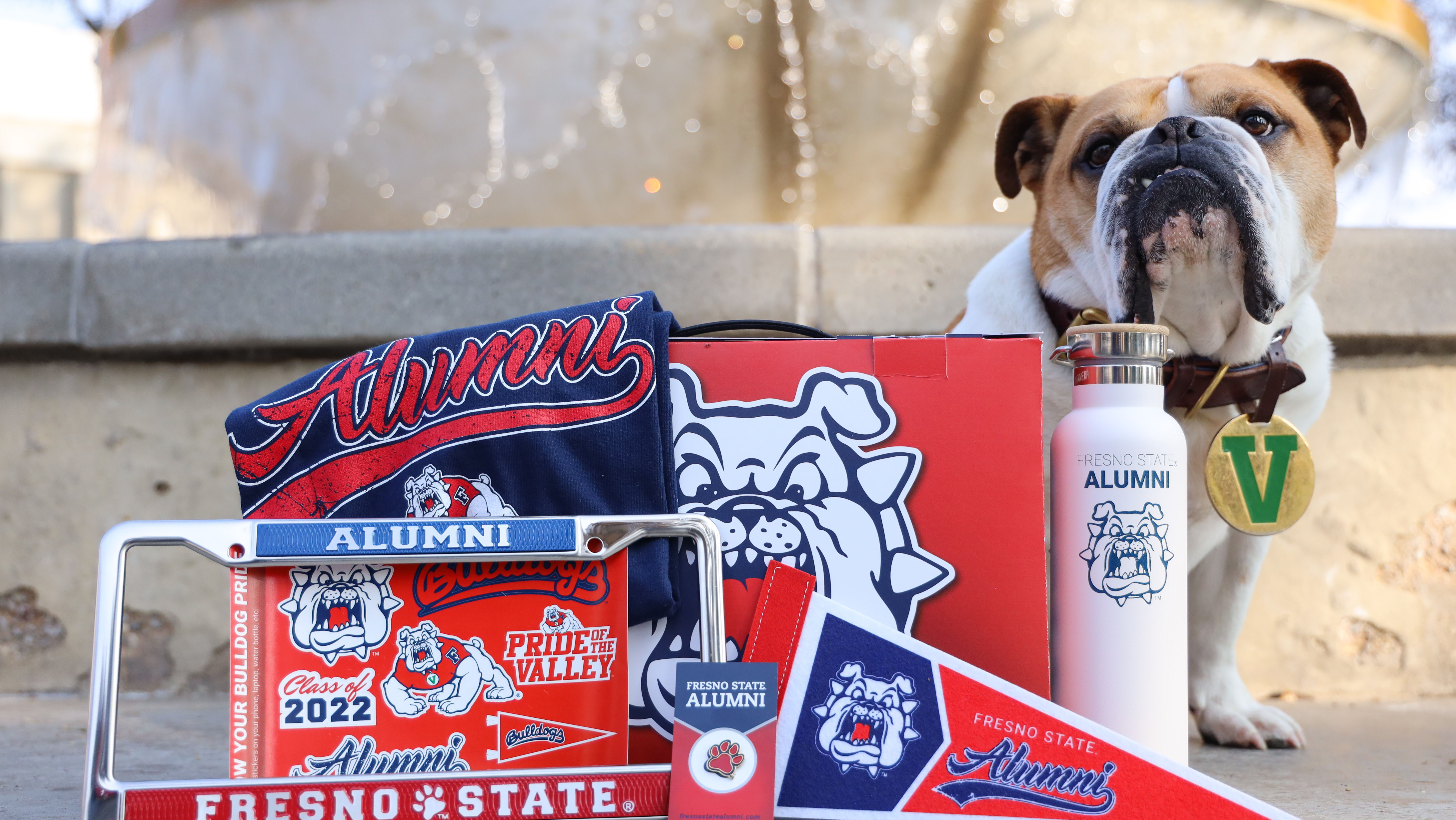 Victor E. Bulldog III at the fountain surrounded by graduation gifts: alumni t-shirt, license plate frame, water bottle, banner and stickers
