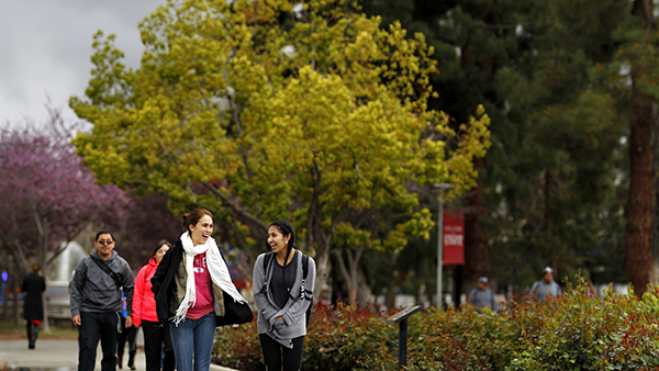 Students walking through the rose garden at Fresno State.
