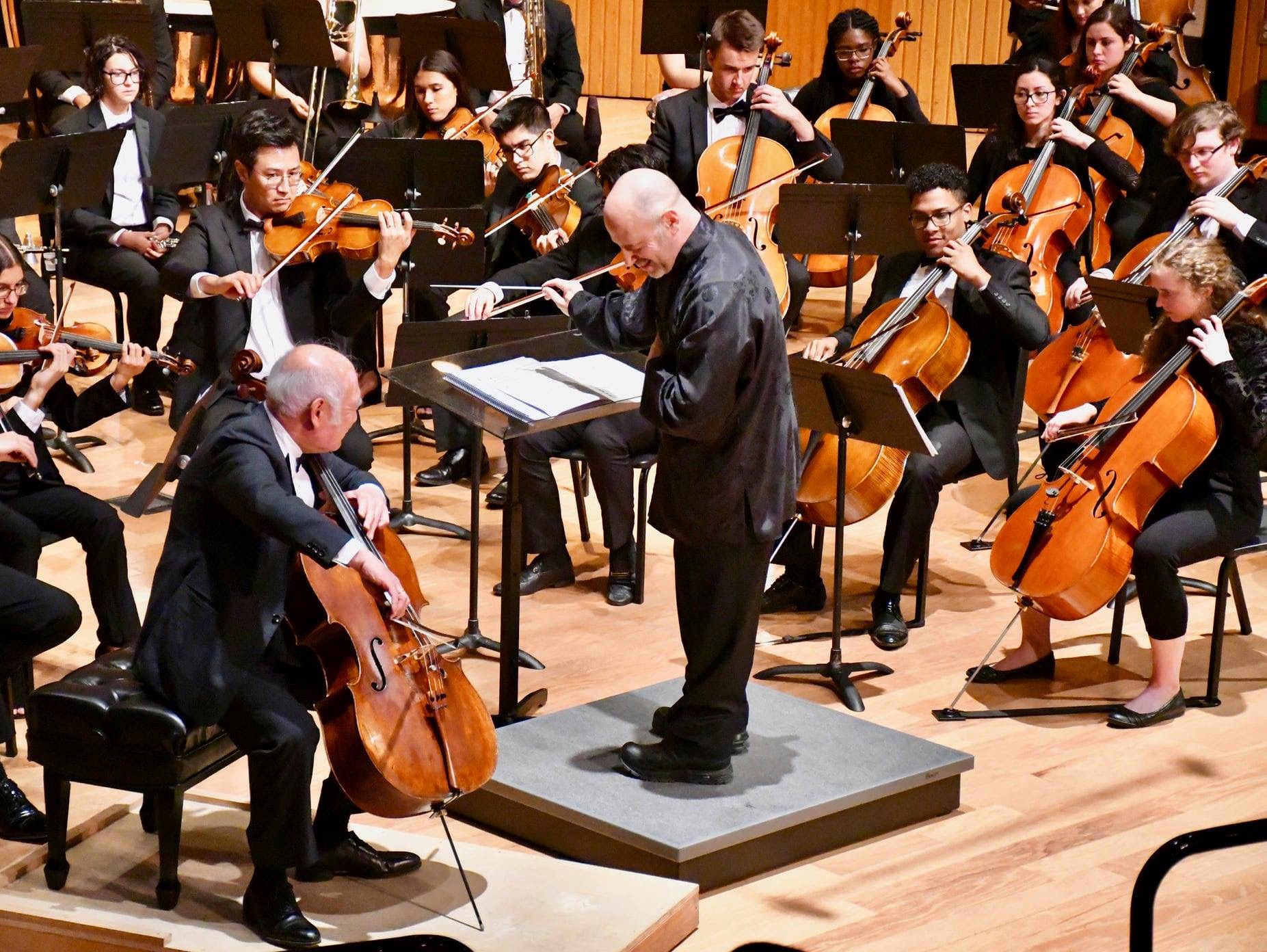 Prof. Tsuyoshi Tsutsumi performing with the Fresno State Symphony Orchestra at the Cello Fresno International Cello Festival in 2019.
