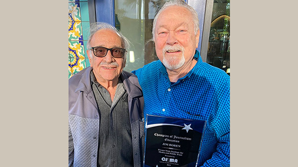 d Galdrikian (left), two-time honoree, presented the Champion of Journalism Education Award to Jim Boren (right), Institute for Journalism and Public Trust