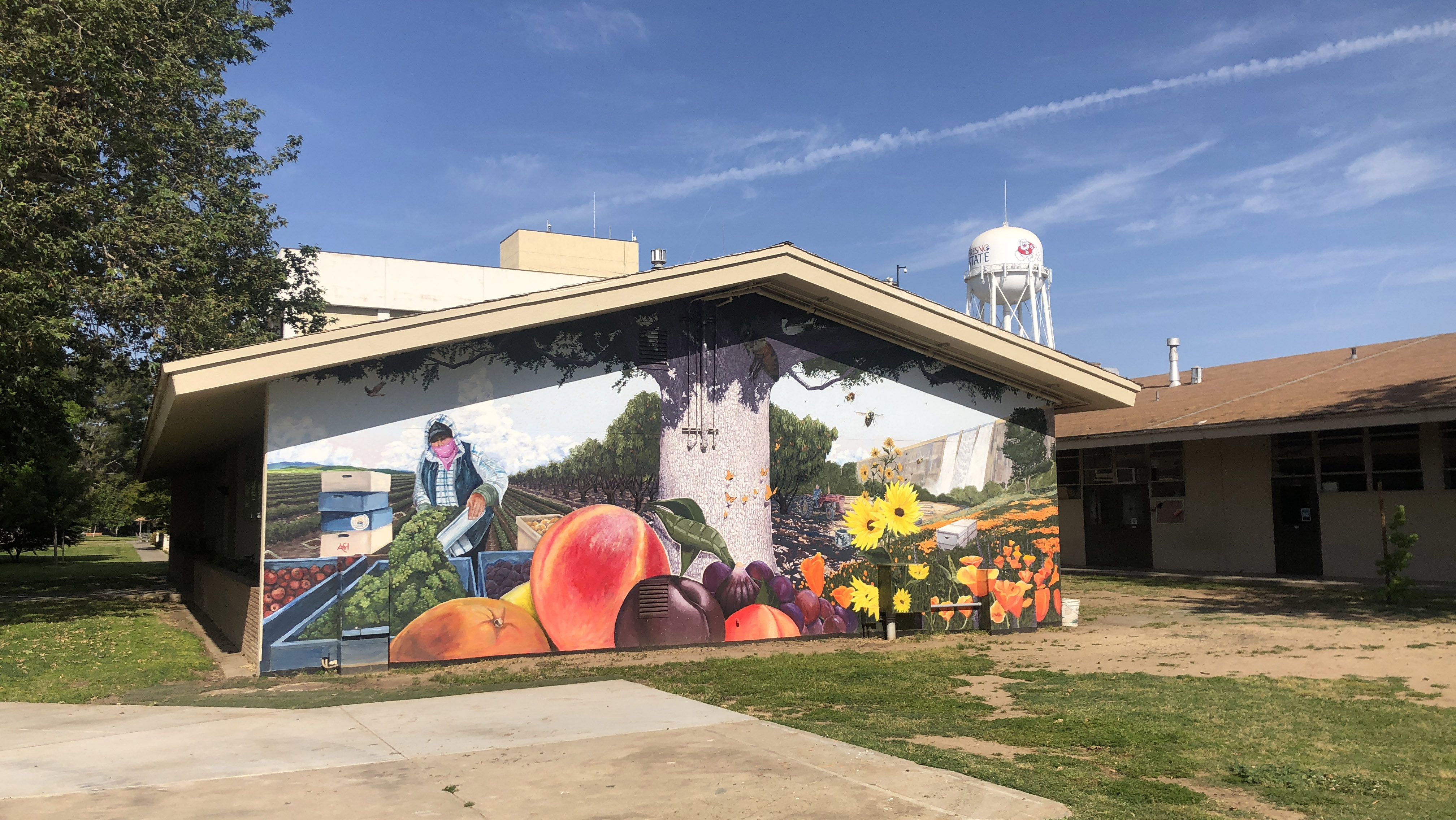 Art mural on wall of engineering east building with fruit, flowers and farmworker