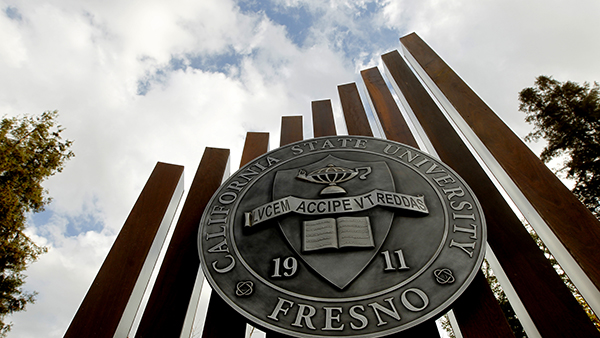 Fresno State seal  monument on campus.