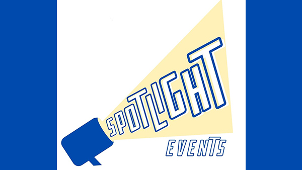 New logo - a blue spotlight with light shining in yellow highlighting the words Spotlight Events with a blue border