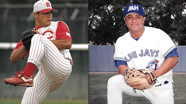 Dr. Irán Barrera playing baseball for Fresno City College in first photo then professionally for the Blue Jays.