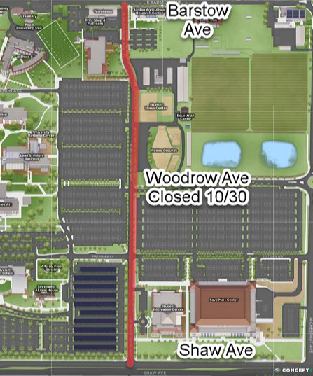 Map of Barstow Ave, Woodraw Ave closed 10/30 and Shaw Ave.