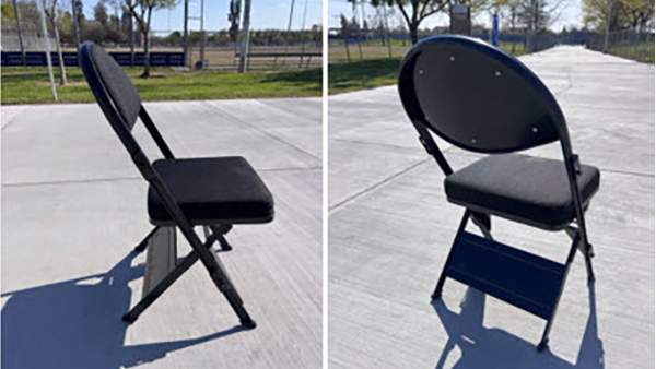 Black folding chairs shown from the side and the back.