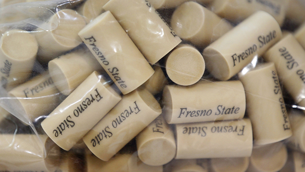 Fresno State wine corks in a bag.