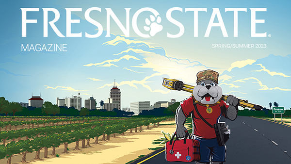 Image of the cover of the spring/summer 2023 Fresno State Magazine featuring TimeOut walking on the highway with the city of Fresno behind him, a farm field next to him.