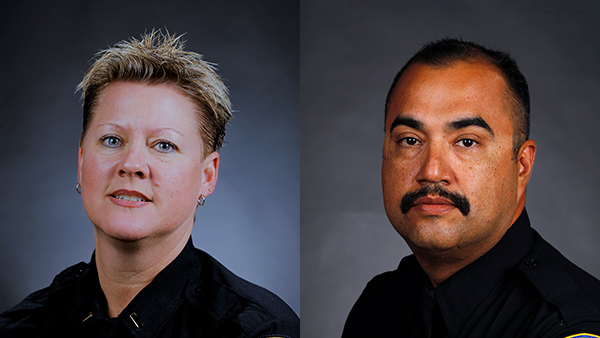 Image of interim Fresno State Police Chief  Jennifer Curwick and interim Interim Lieutenant Ruben Madrigal.