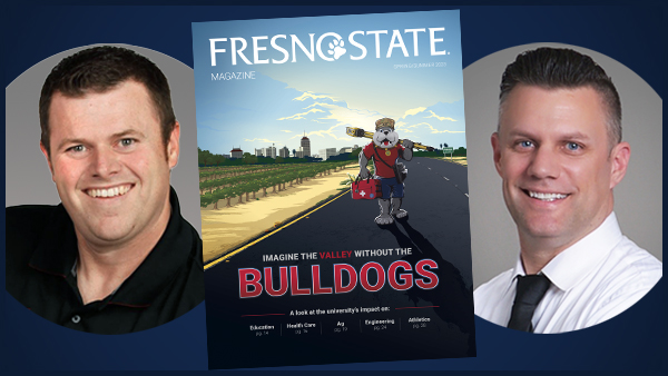 Graphic of Eddie Hughes and Todd Graves with a cover shot of Fresno State Magazine between them.