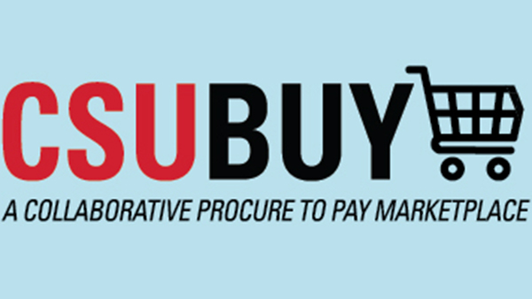 CSUBuy, a collaborative procure to pay marketplace with blue background and shopping cart.