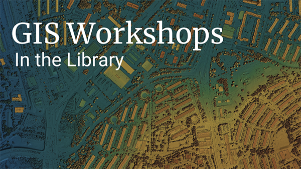 Text: GIS Workshops in the library over a blue and yellow graphic of a map.