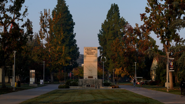 Sunset in front of the Fresno State monument on campus.