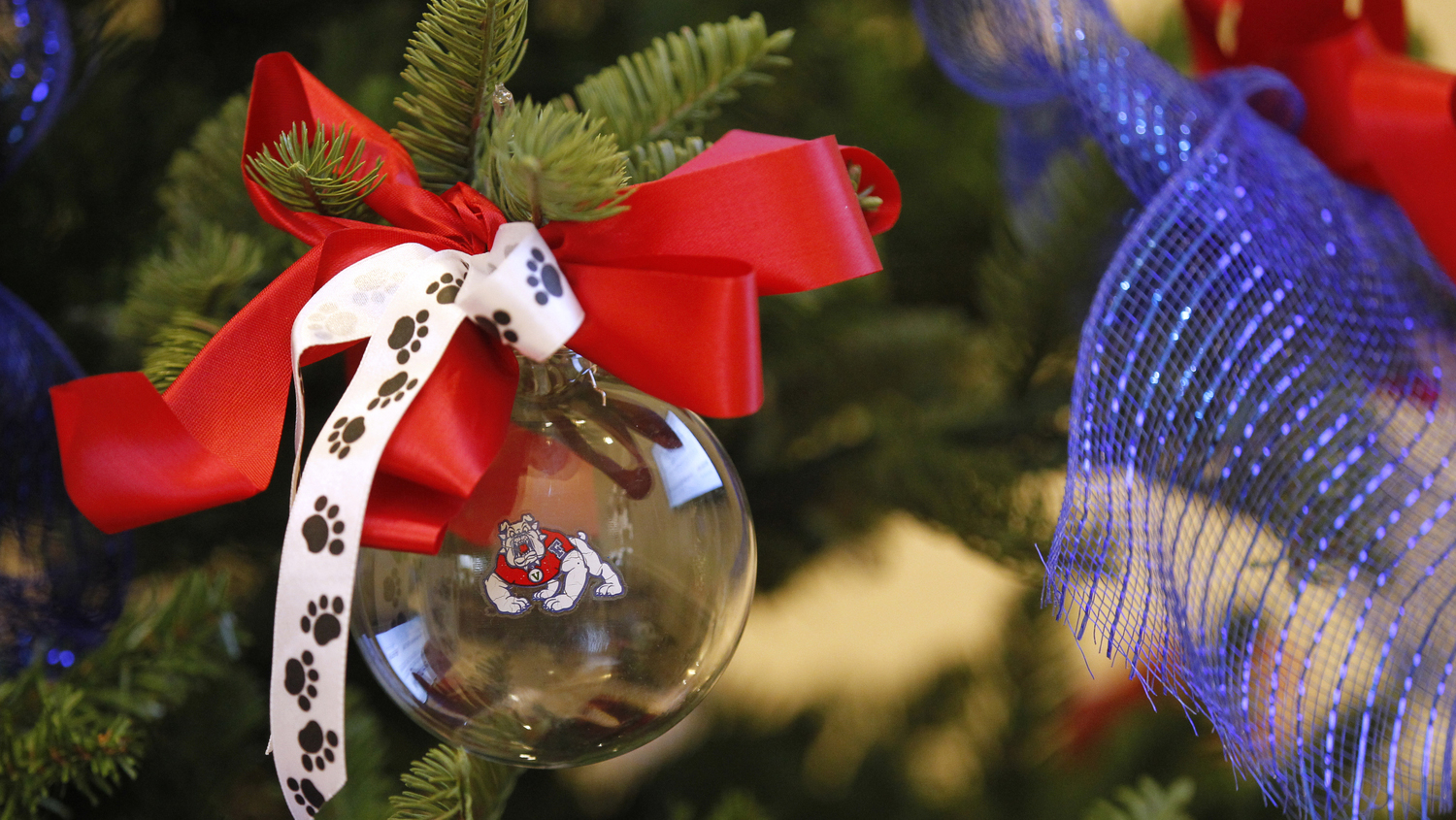 Fresno State ornament hanging on Christmas tree