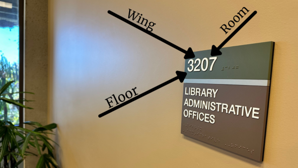 Room number placard in library.