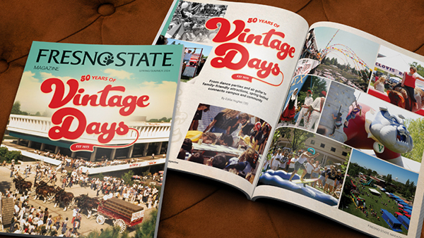 Photo of the Fresno State Magazine cover and inside featuring 50 years of Vintage Days.