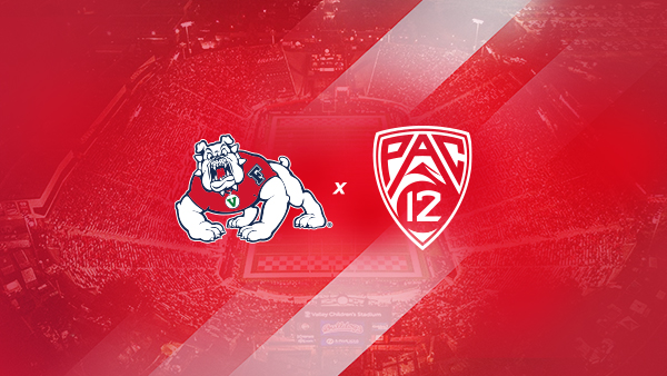 Fresno State Bulldog next to Pac 12 symbol over a red background