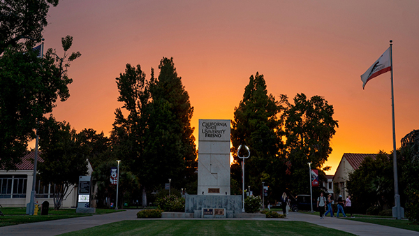 Fresno State monument at sunset