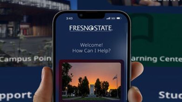 Fingers holding a cell phone with the Fresno State Bulldog genie app on it. Text says Fresno State, Welcome! How can I help?