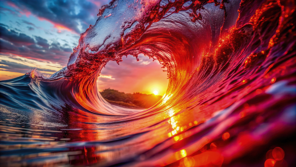 Photo of a wave that is reflecting red from the setting sun.