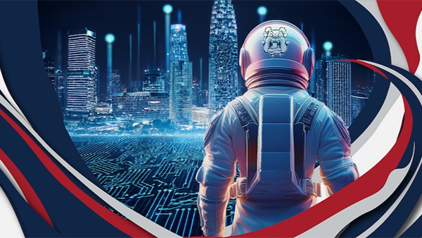 Futuristic astronaut with bulldog logo on his helmet overlooking a digital city