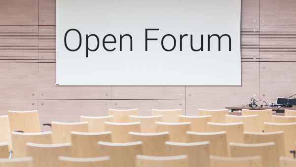 Graphic of a white screen in front of rows of chairs. White screen reads: open forum.