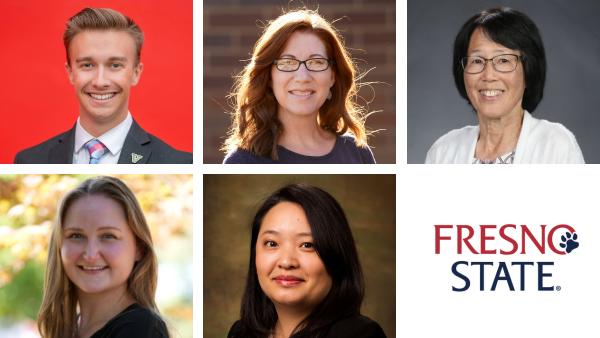 (Top row, left to right: ) James Woolsey, Athletics – The Bulldog Foundation, Mindy Kates, Student Health and Counseling Center,  Marlene Miyasaki, Plant Science,  (bottom row - l to r: ) Sarah Chaffins, Research and Sponsored Programs, Mazie Moua, Learning Center, Fresno State logo