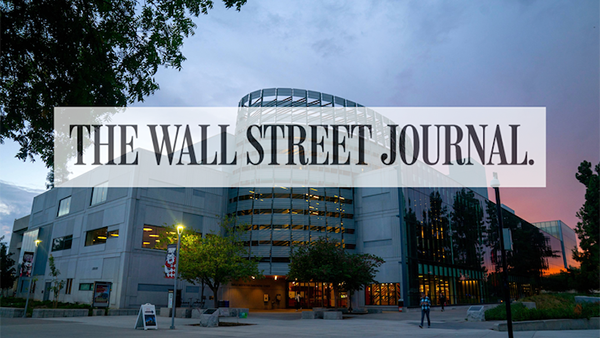 Fresno State Library with a white opaque box with text reading The Wall Street Journal.