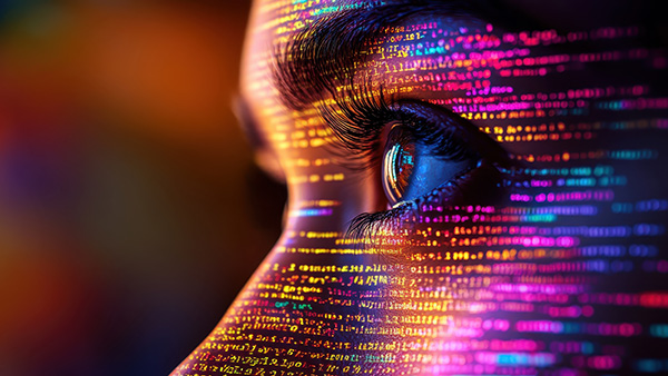 Graphic of woman's face up close with digital script over her face.