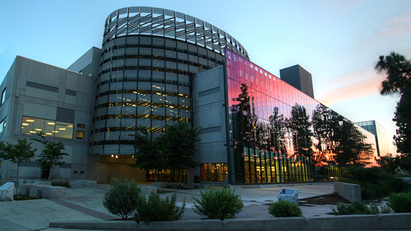 Fresno State library during sunset