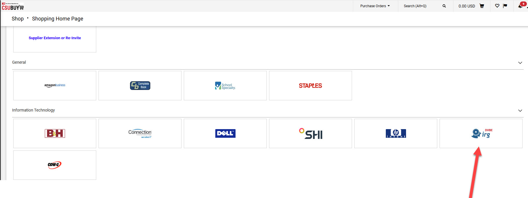 Graphic of CSUBUY online order with arrow pointing to the IRG logo in P2P.