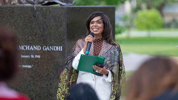 Dr. Veena Howard speaking in the Fresno State Peace Garden