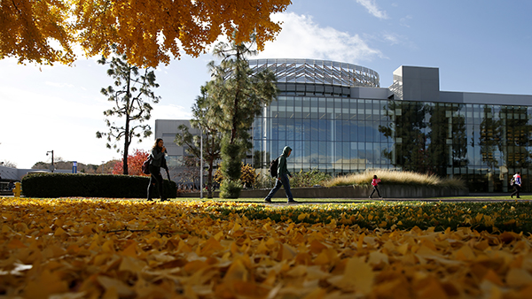 Orange and yellow leaves on the ground while two students walk in front of the Fresno State Library.