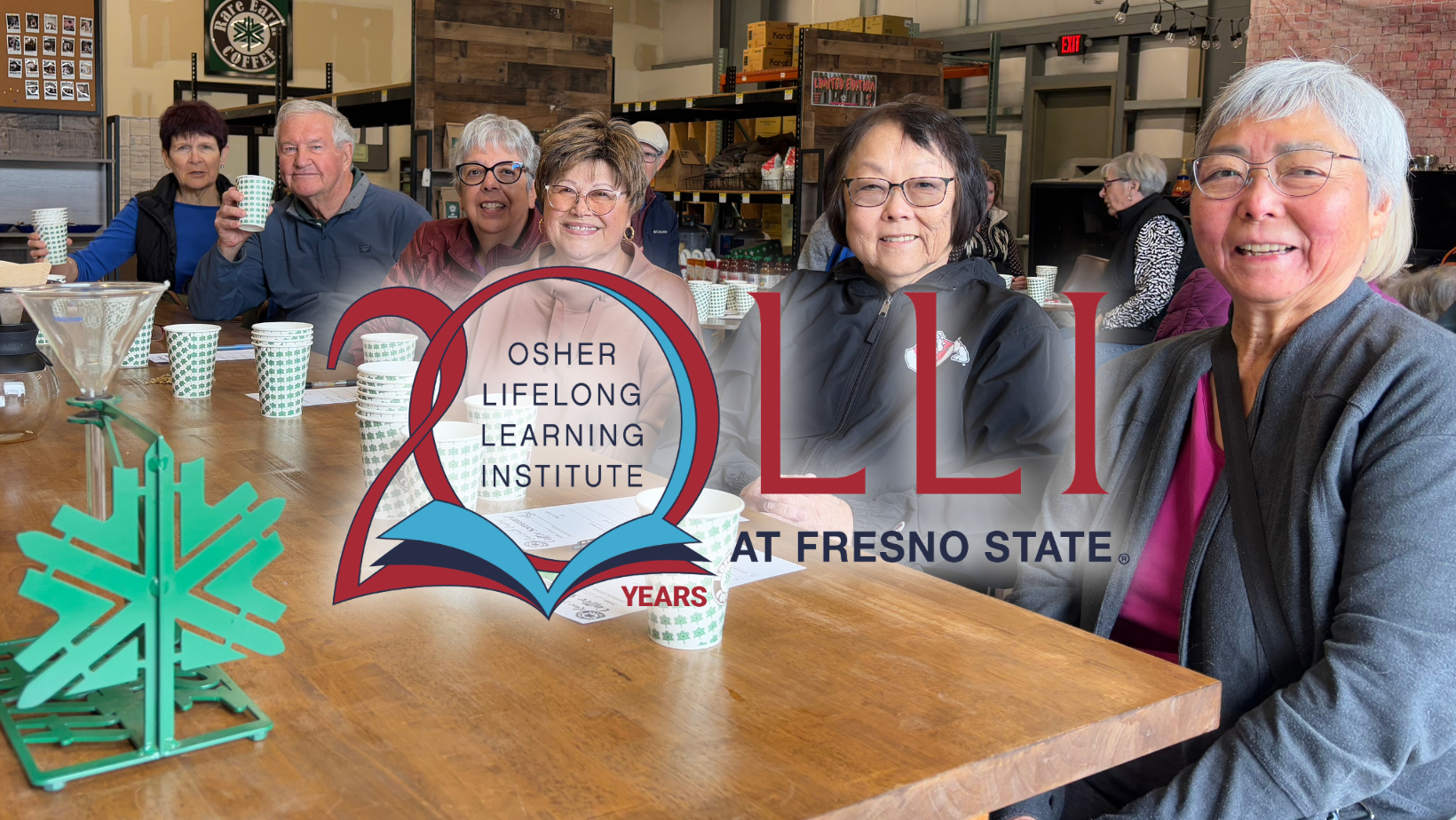 Osher Lifelong Learning Institute students sitting a table with coffee