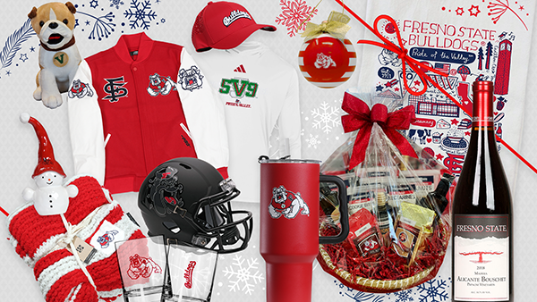 A montage of Fresno State gifts including letter jacket, Bulldog plushie, black helmet, red and white blanket, wine, gift basket, hat, Christmas ornament.