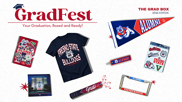 Graphic of the items in the grad box. Text reads: GradFest. Your graduation boxed and ready! Cut out pictures in graphic show a red T-shirt, alumni license plate cover, stickers, keychain, cup and banner. Text on the bottom of graphic reads: Bulldogs for life.