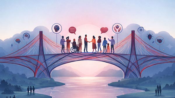 Graphic of people standing on a bridge with the sun setting, balloons over their heads shaped in a heart, hands, a head, a conversation balloon.