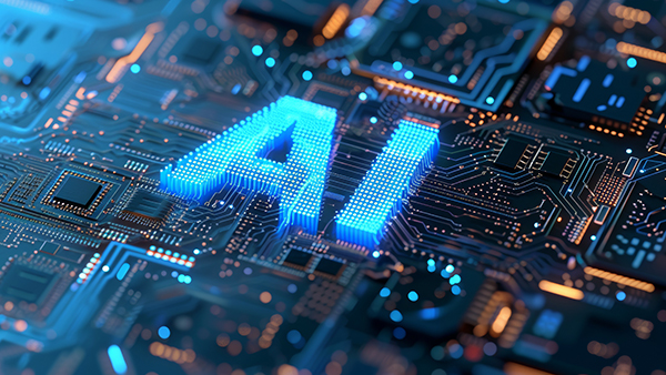 Graphic featuring microchips and the letters A and I in blue.
