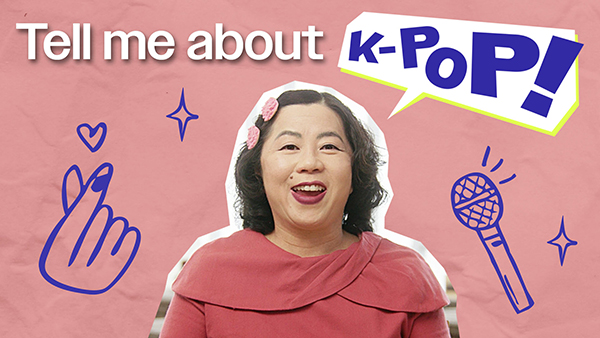 Graphic with Dr. Jenny Banh on pink background with a microphone and fingers making a heart. Text reads: Tell me about K-Pop!
