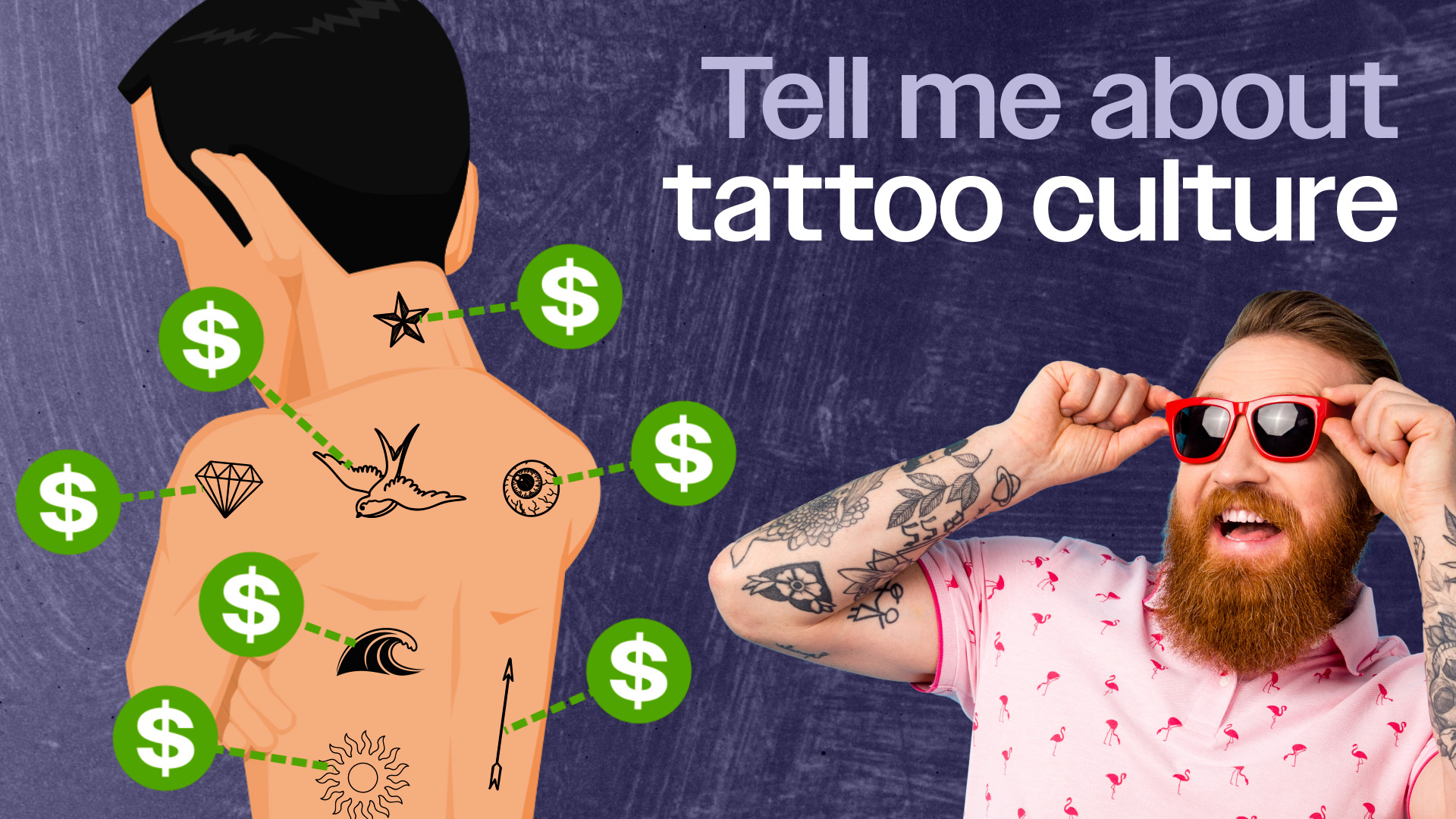 Photo of a man putting on red sunglasses, tattoo on his arms. Graphic shows a man's back with dollar signs and tattoos. Text reads tell me about tattoo culture.