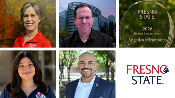 (l to r top)Celeste DeMonte, Undergraduate Studies, John Wagenleitner, Technology Services, Angelica Miramontes award, (l to r bottom row) )Juliette Amaro, Services for Students with Disabilities, Julian Ramos, Continuing and Global Education, Fresno State