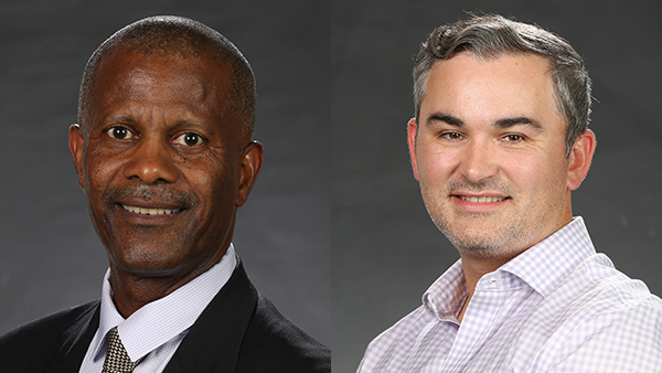 Image of two portraits next to each other: Jordan College Dean Rolston St. Hilaire (left) and Eric Hadden, executive director at Water, Energy and Technology Center (right).