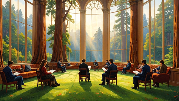 Illustration of people reading books in chairs in a room with glass windows and tall trees.